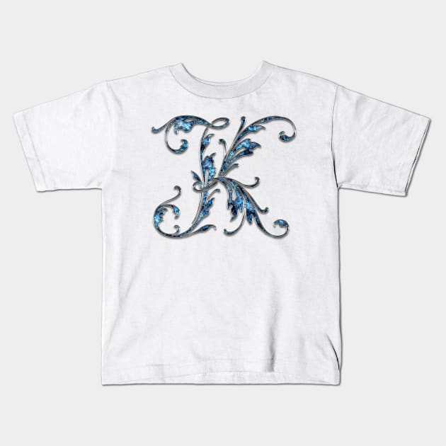 Ornate Blue Silver Letter K Kids T-Shirt by skycloudpics